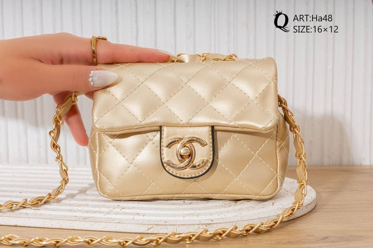 Ha48 — Gold mini quilted chain bag front, 16 × 12 (Gold)