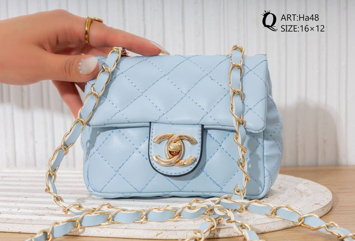 Ha48 — Light Blue mini quilted chain bag front, 16 × 12 (Light Blue)