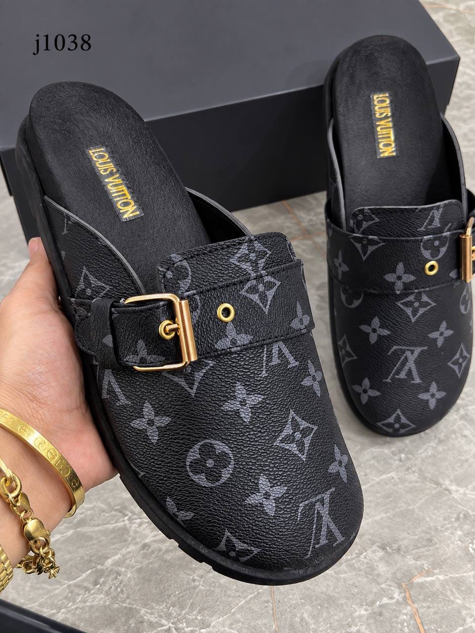 j1038 — Black patterned buckle clogs pair view, 37, 38, 39, 40, 41 (Black)