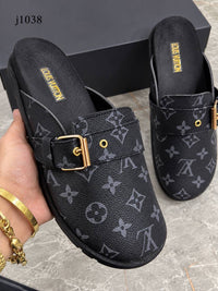j1038 — Black patterned buckle clogs pair view, 37, 38, 39, 40, 41 (Black)