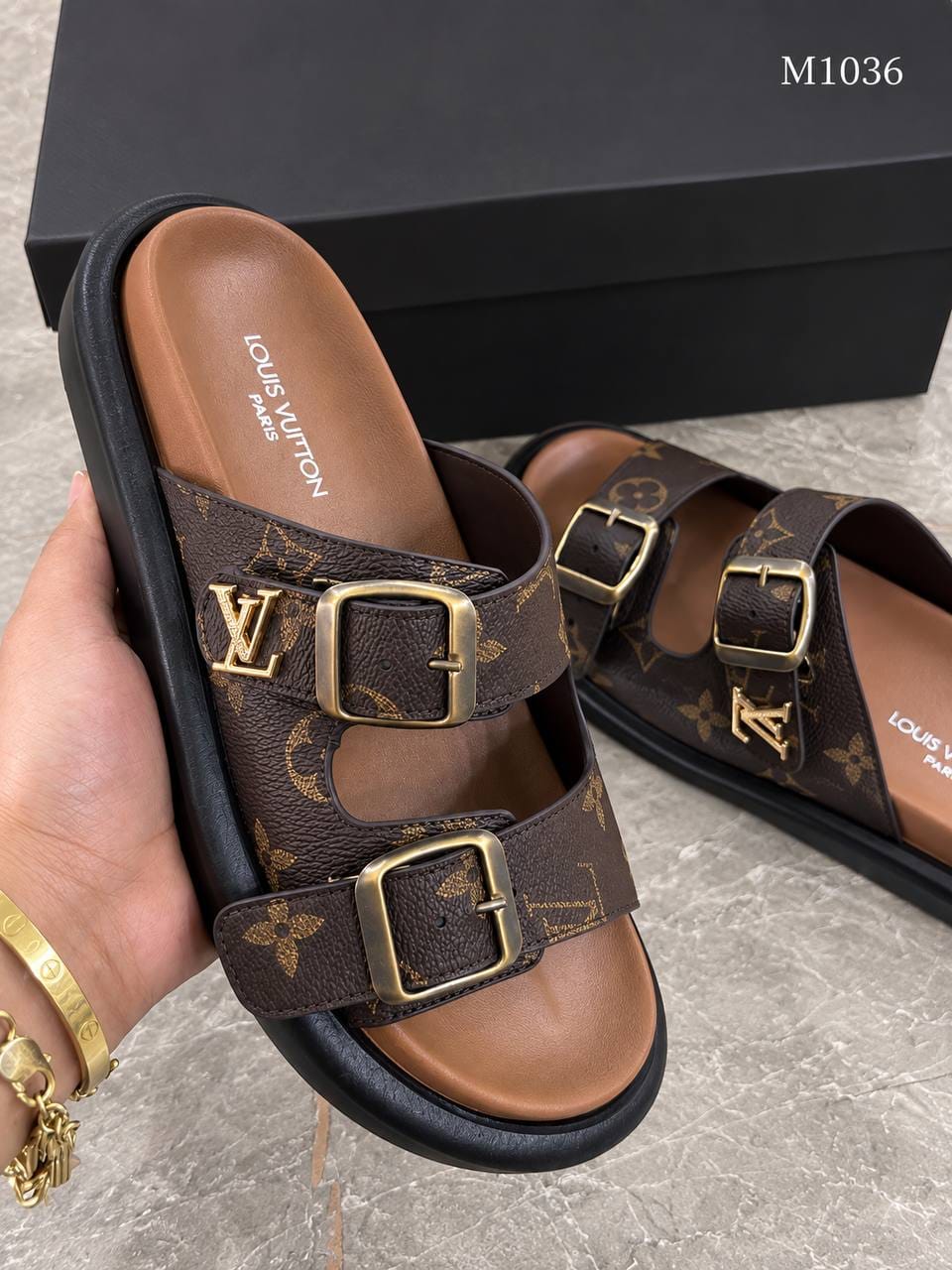 M1036 — Brown double buckle slides detail view, 37, 38, 39, 40, 41 (Brown)