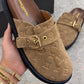M1046 — Taupe patterned buckle mules pair view, 37, 38, 39, 40, 41 (Taupe)