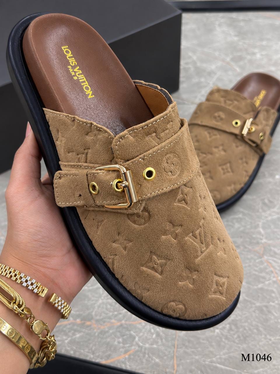 M1046 — Taupe patterned buckle mules pair view, 37, 38, 39, 40, 41 (Taupe)