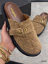 M1046 — Taupe patterned buckle mules pair view, 37, 38, 39, 40, 41 (Taupe)