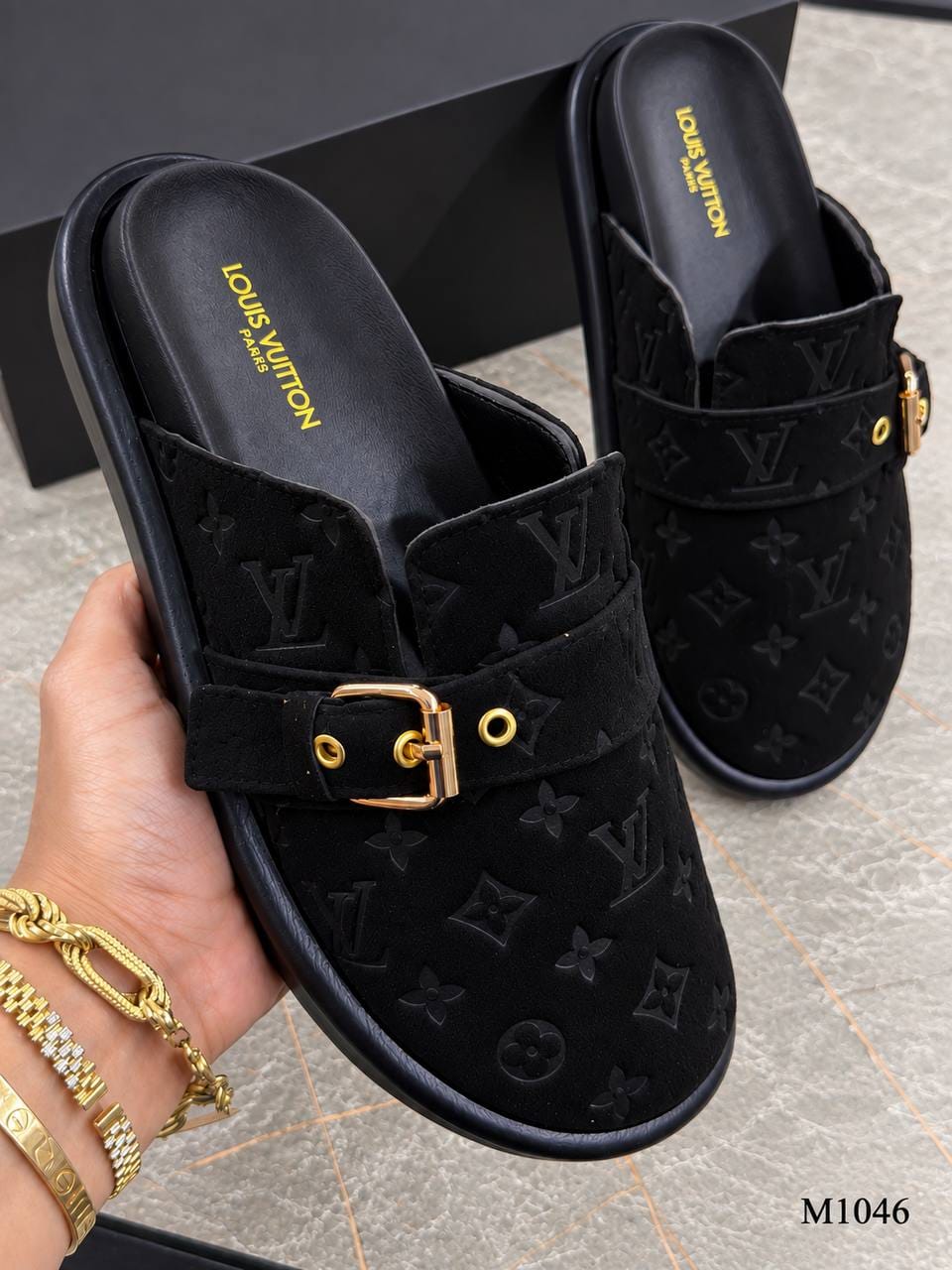 M1046 — Black patterned buckle mules pair view, 37, 38, 39, 40, 41 (Black)