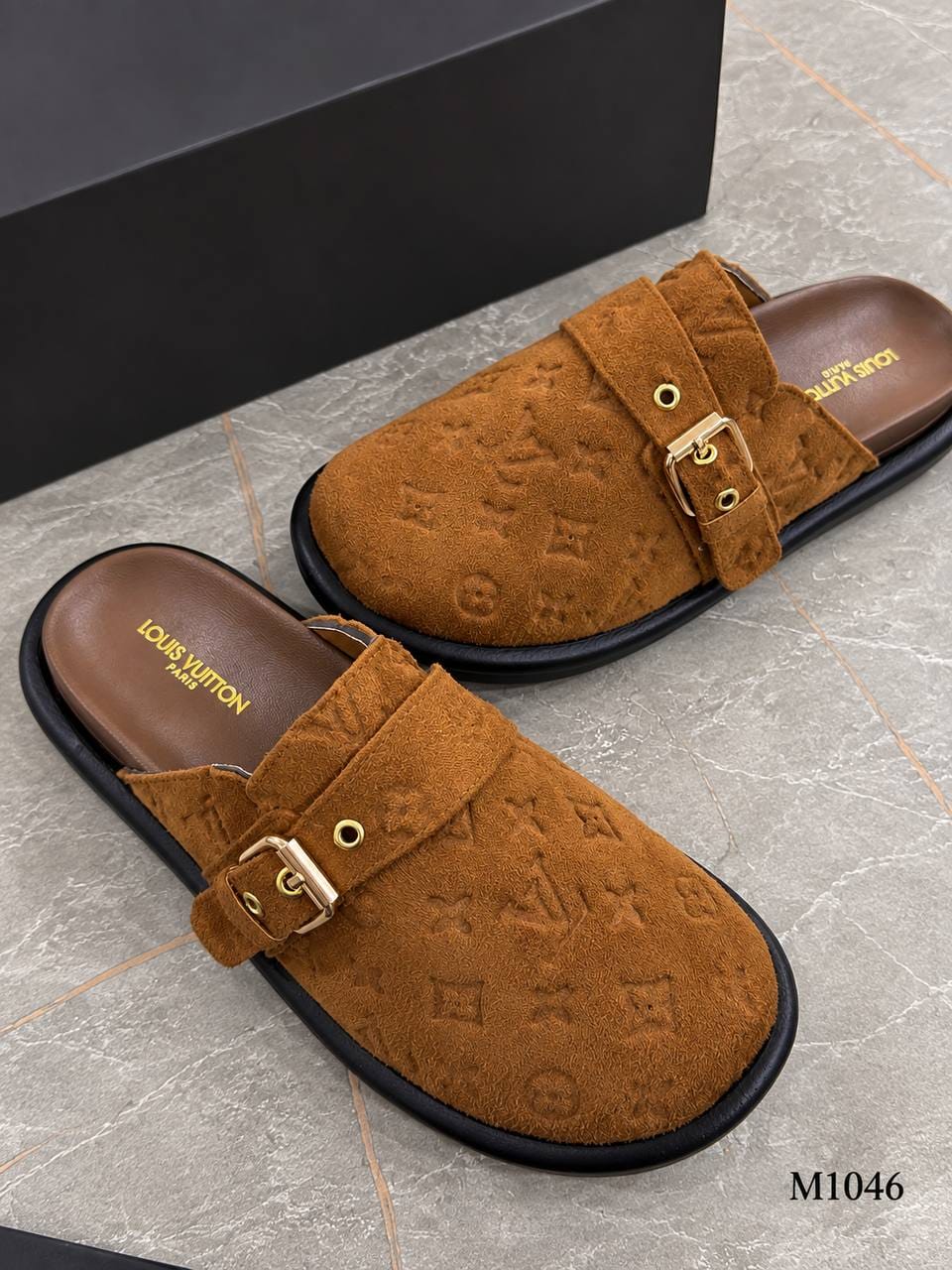 M1046 — Camel patterned buckle mules pair view, 37, 38, 39, 40, 41 (Camel)