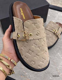M1046 — Beige patterned buckle mules pair view, 37, 38, 39, 40, 41 (Beige)