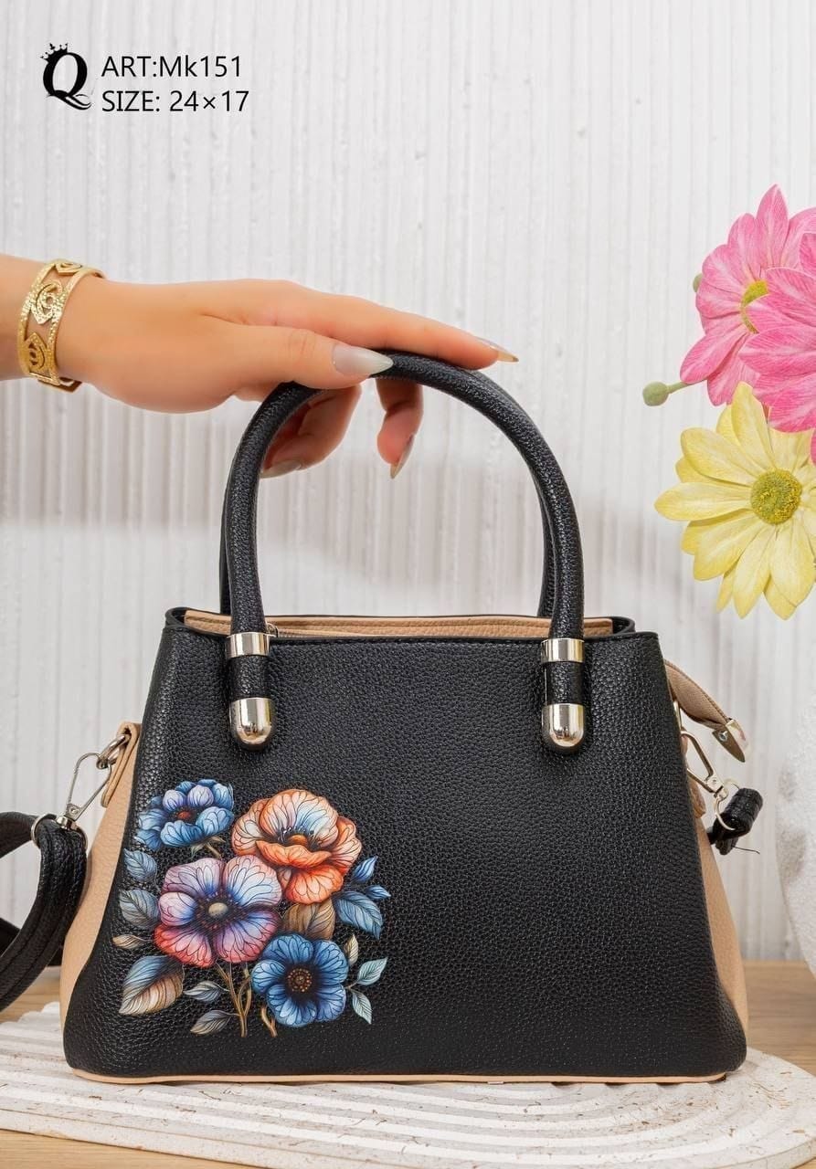 Mk151 — Black floral top-handle handbag front, 24 × 17 (Black)