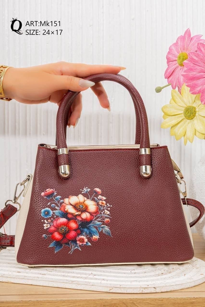 Mk151 — Burgundy floral top-handle handbag front, 24 × 17 (Burgundy)