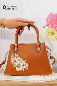 Mk151 — Tan floral top-handle handbag front, 24 × 17 (Tan)