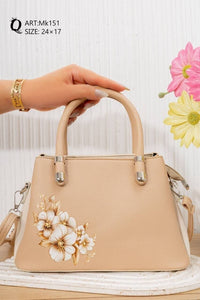 Mk151 — Beige floral top-handle handbag front, 24 × 17 (Beige)
