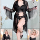 Black floral lace lingerie and sheer bell-sleeve robe set, model 2062