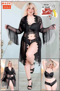 Black floral lace lingerie and sheer bell-sleeve robe set, model 2062