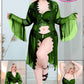Dark Green floral lace lingerie and sheer bell-sleeve robe set, model 2062