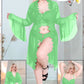 Light Green floral lace lingerie and sheer bell-sleeve robe set, model 2062