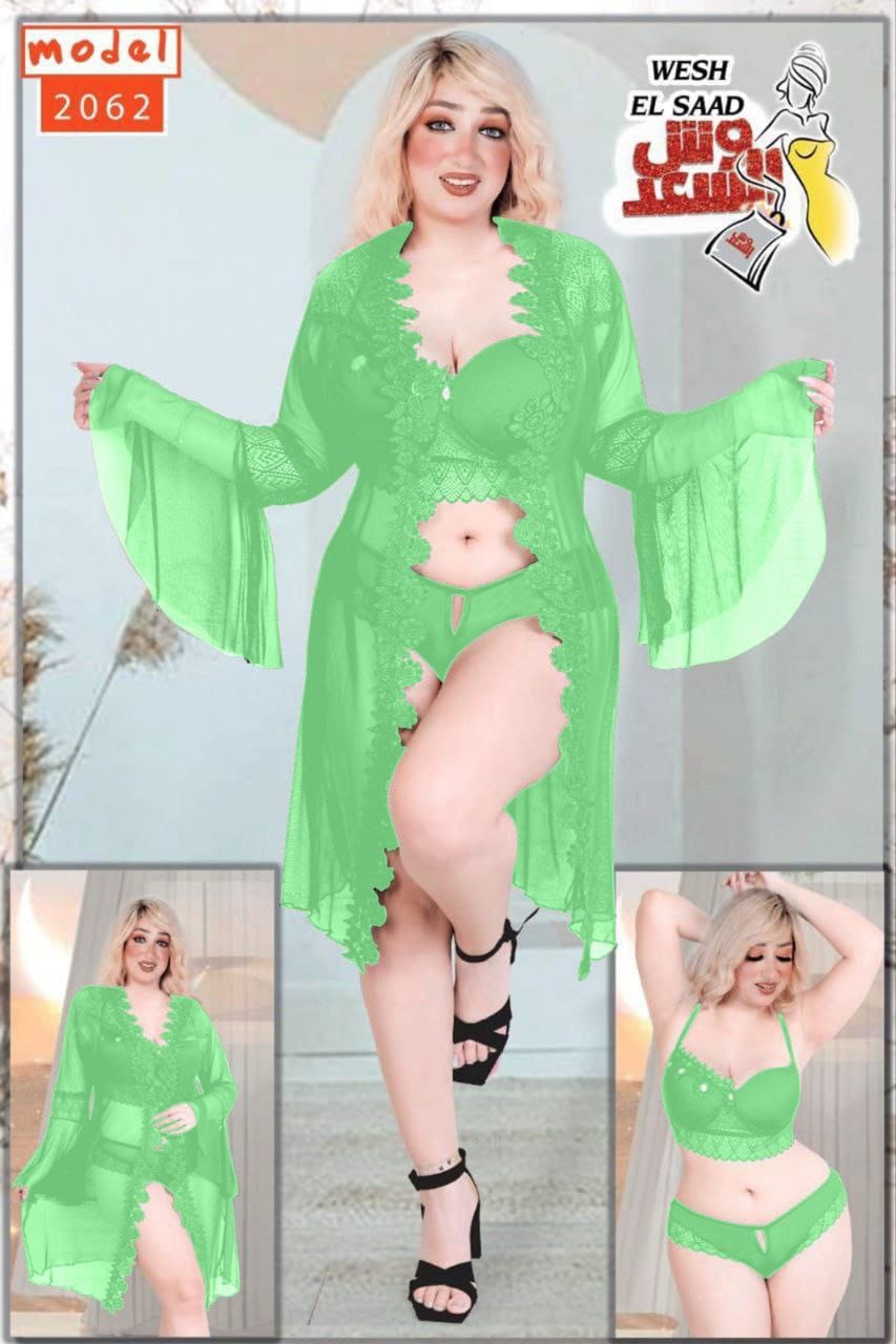 Light Green floral lace lingerie and sheer bell-sleeve robe set, model 2062