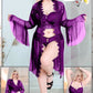 Purple floral lace lingerie and sheer bell-sleeve robe set, model 2062