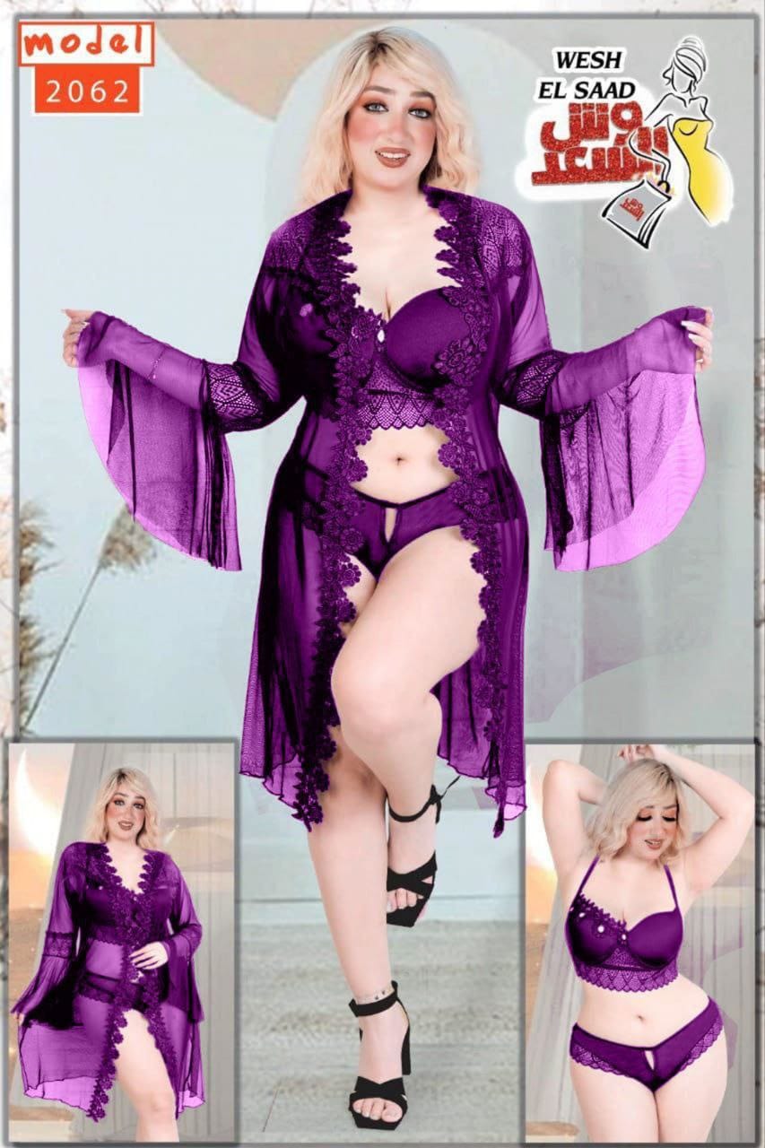 Purple floral lace lingerie and sheer bell-sleeve robe set, model 2062