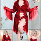 Red floral lace lingerie and sheer bell-sleeve robe set, model 2062