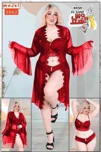 Red floral lace lingerie and sheer bell-sleeve robe set, model 2062