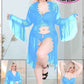 Sky Blue floral lace lingerie and sheer bell-sleeve robe set, model 2062