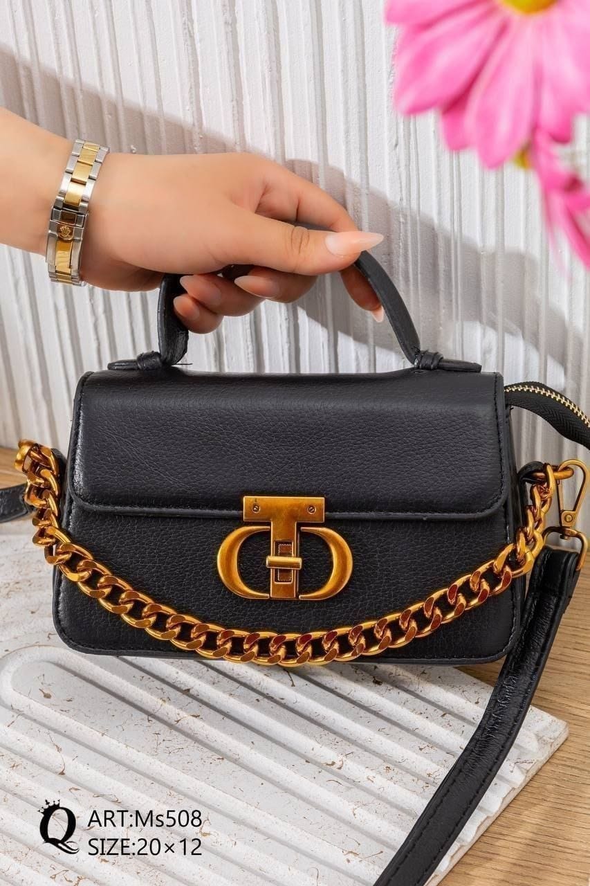 Ms508 — Black chain-detail top-handle handbag front, 20 × 12 (Black)