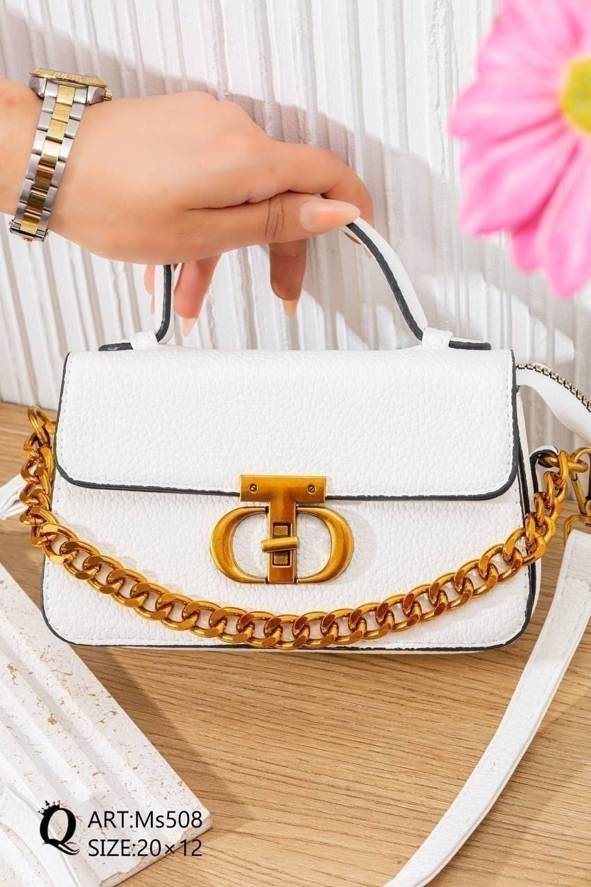 Ms508 — White chain-detail top-handle handbag front, 20 × 12 (White)