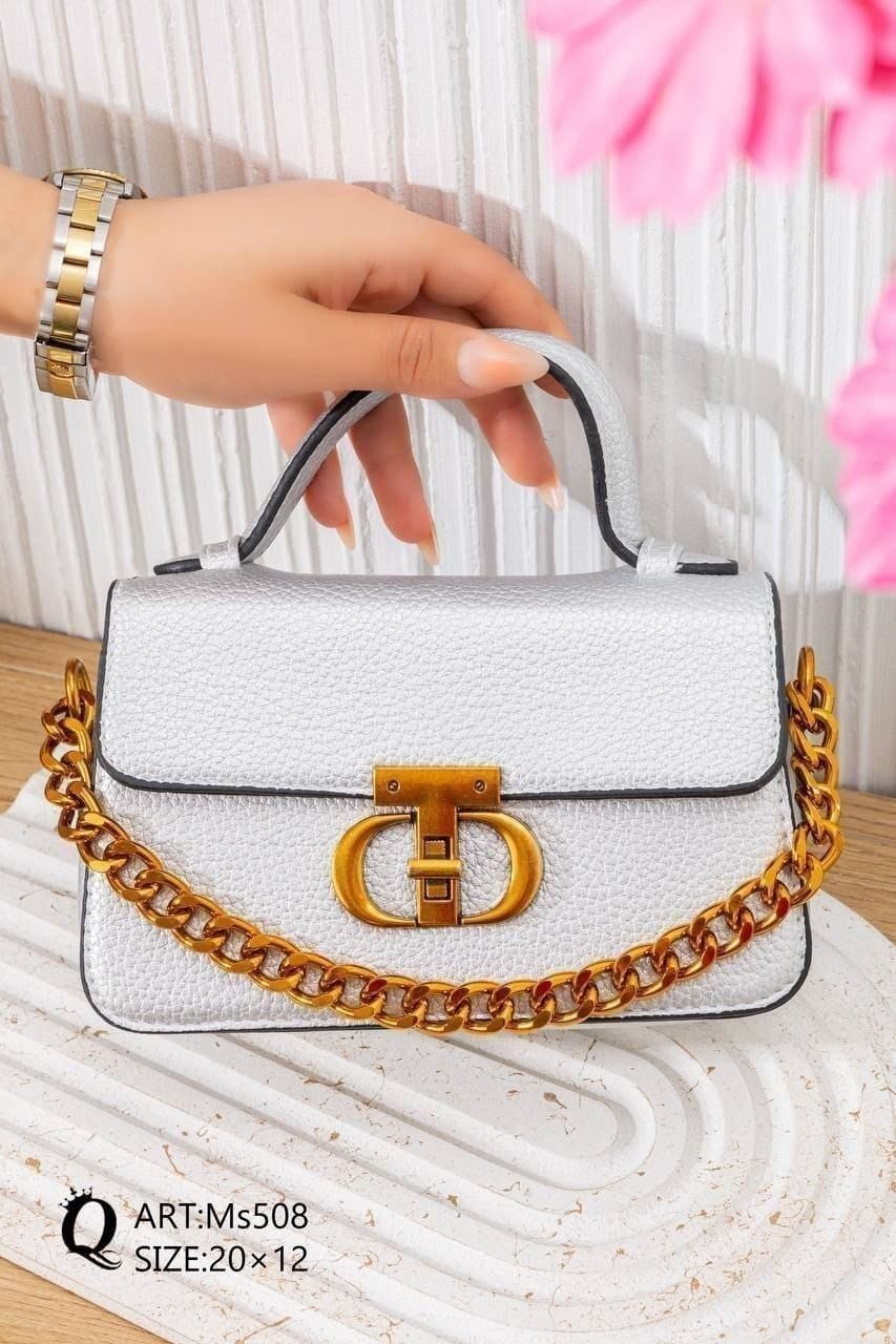 Ms508 — Silver chain-detail top-handle handbag front, 20 × 12 (Silver)