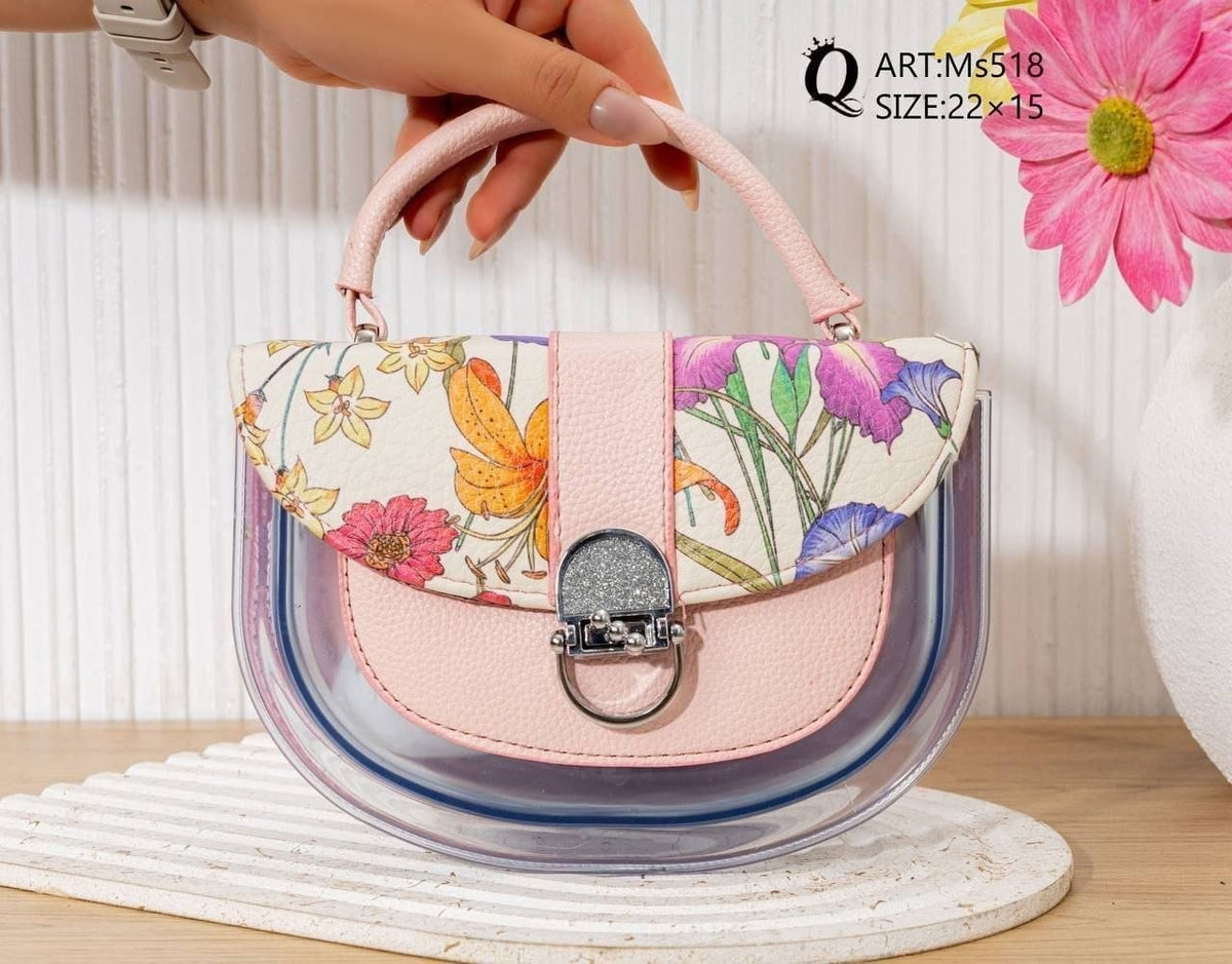 Ms518 — Pink floral transparent-panel handbag front, 22 × 15 (Pink)