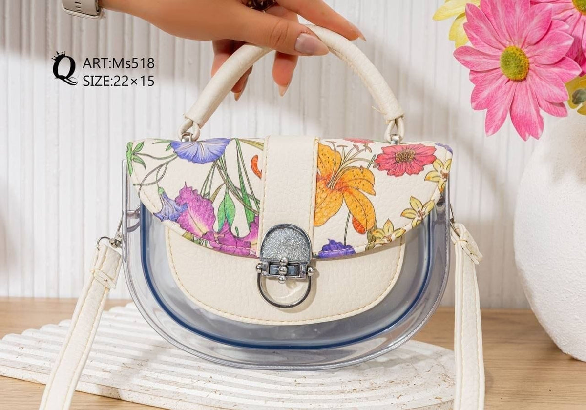 Ms518 — Cream floral transparent-panel handbag front, 22 × 15 (Cream)