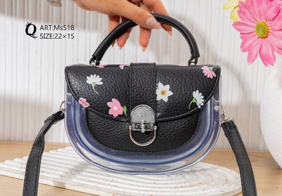 Ms518 — Black floral transparent-panel handbag front, 22 × 15 (Black)