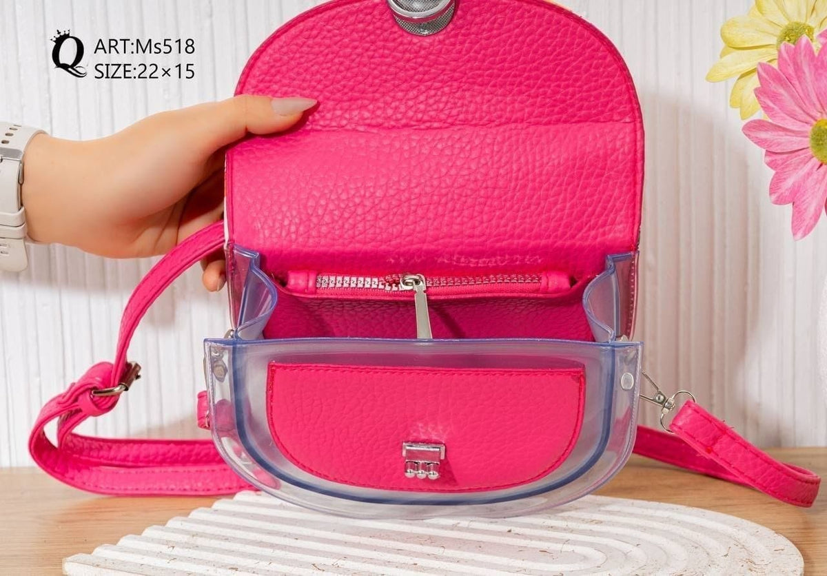 Ms518 — Fuchsia floral transparent-panel handbag interior, 22 × 15 (Fuchsia)