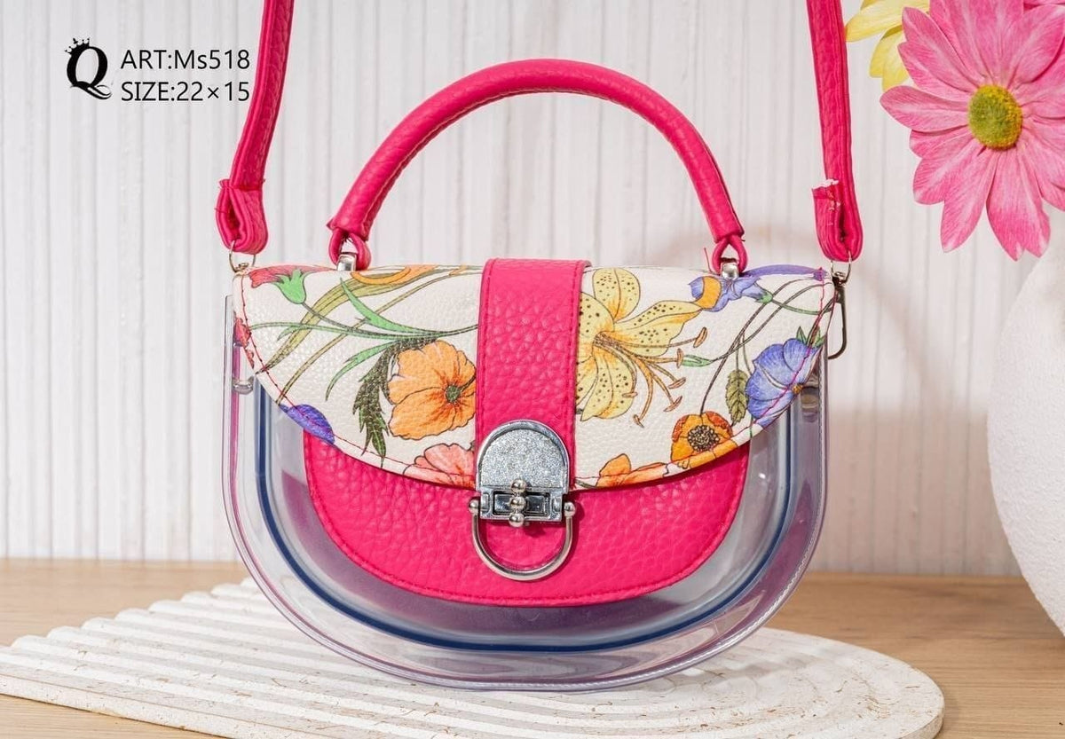Ms518 — Fuchsia floral transparent-panel handbag front, 22 × 15 (Fuchsia)