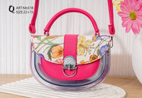 Ms518 — Fuchsia floral transparent-panel handbag front, 22 × 15 (Fuchsia)