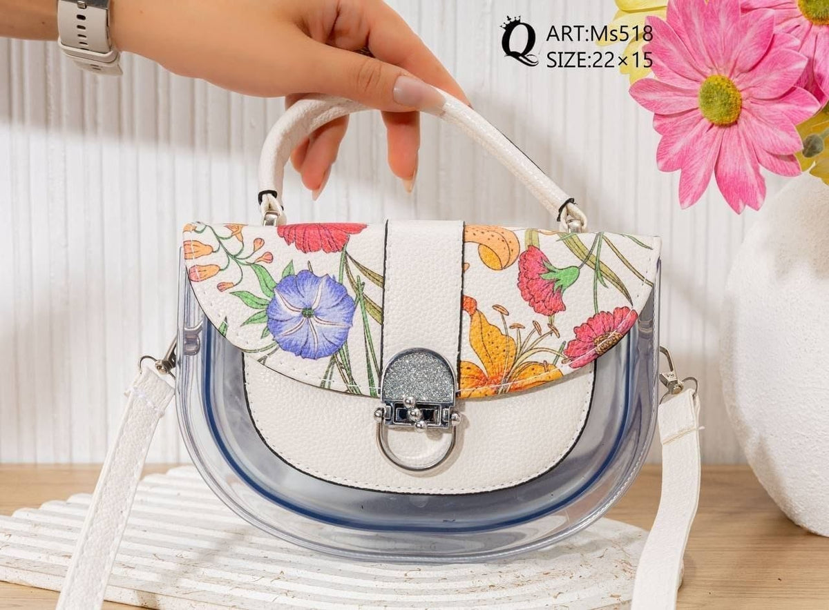 Ms518 — White floral transparent-panel handbag front, 22 × 15 (White)