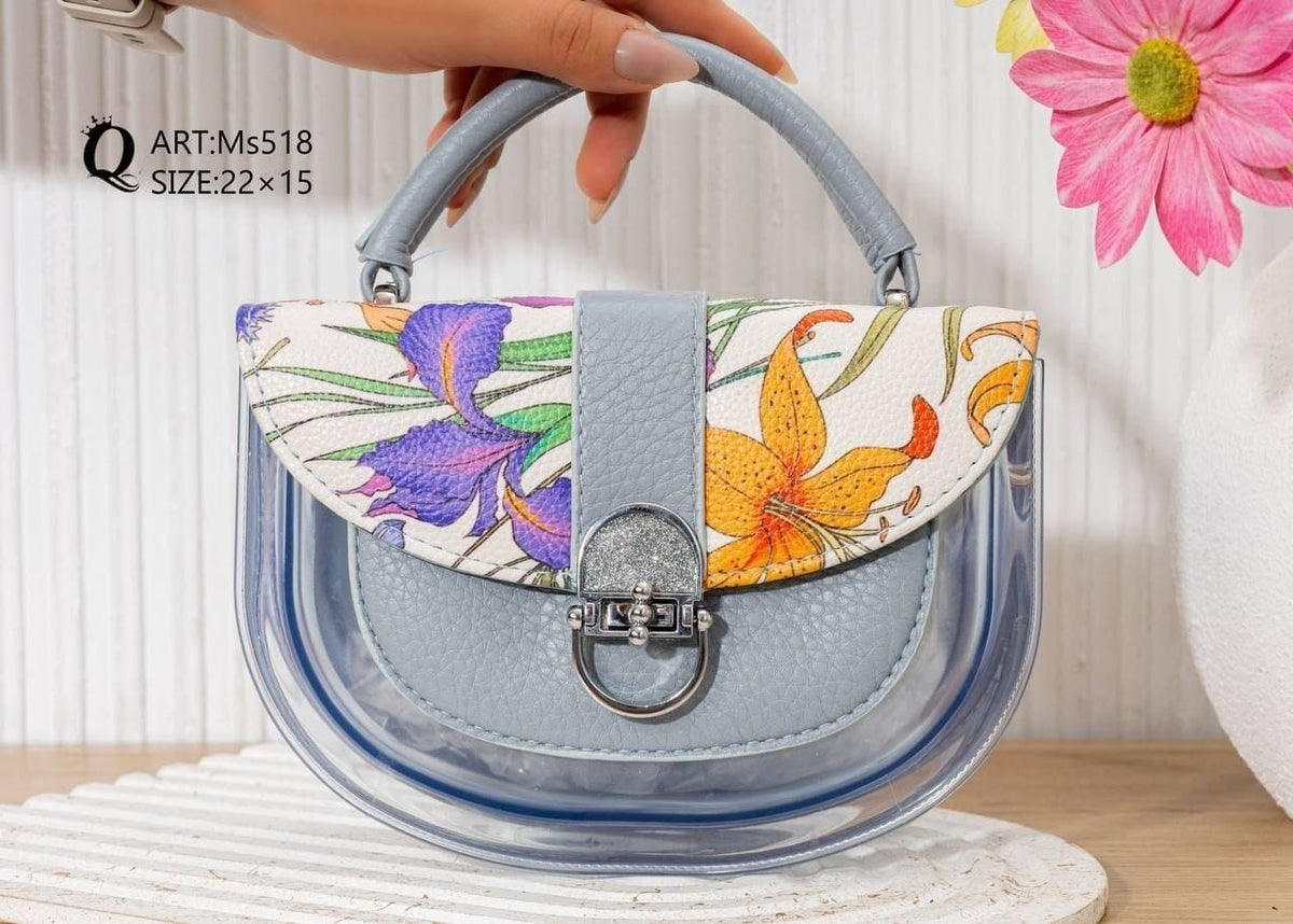 Ms518 — Grey floral transparent-panel handbag front, 22 × 15 (Grey)