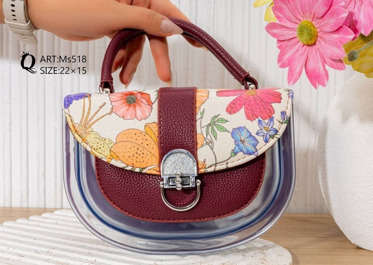 Ms518 — Burgundy floral transparent-panel handbag front, 22 × 15 (Burgundy)