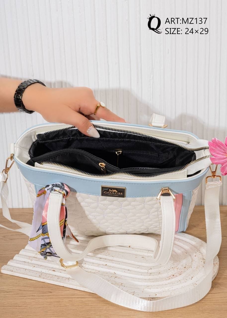 MZ137 — White and Light Blue textured shoulder tote interior, 24 × 29 (White and Light Blue)