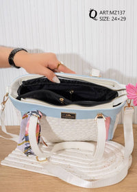 MZ137 — White and Light Blue textured shoulder tote interior, 24 × 29 (White and Light Blue)