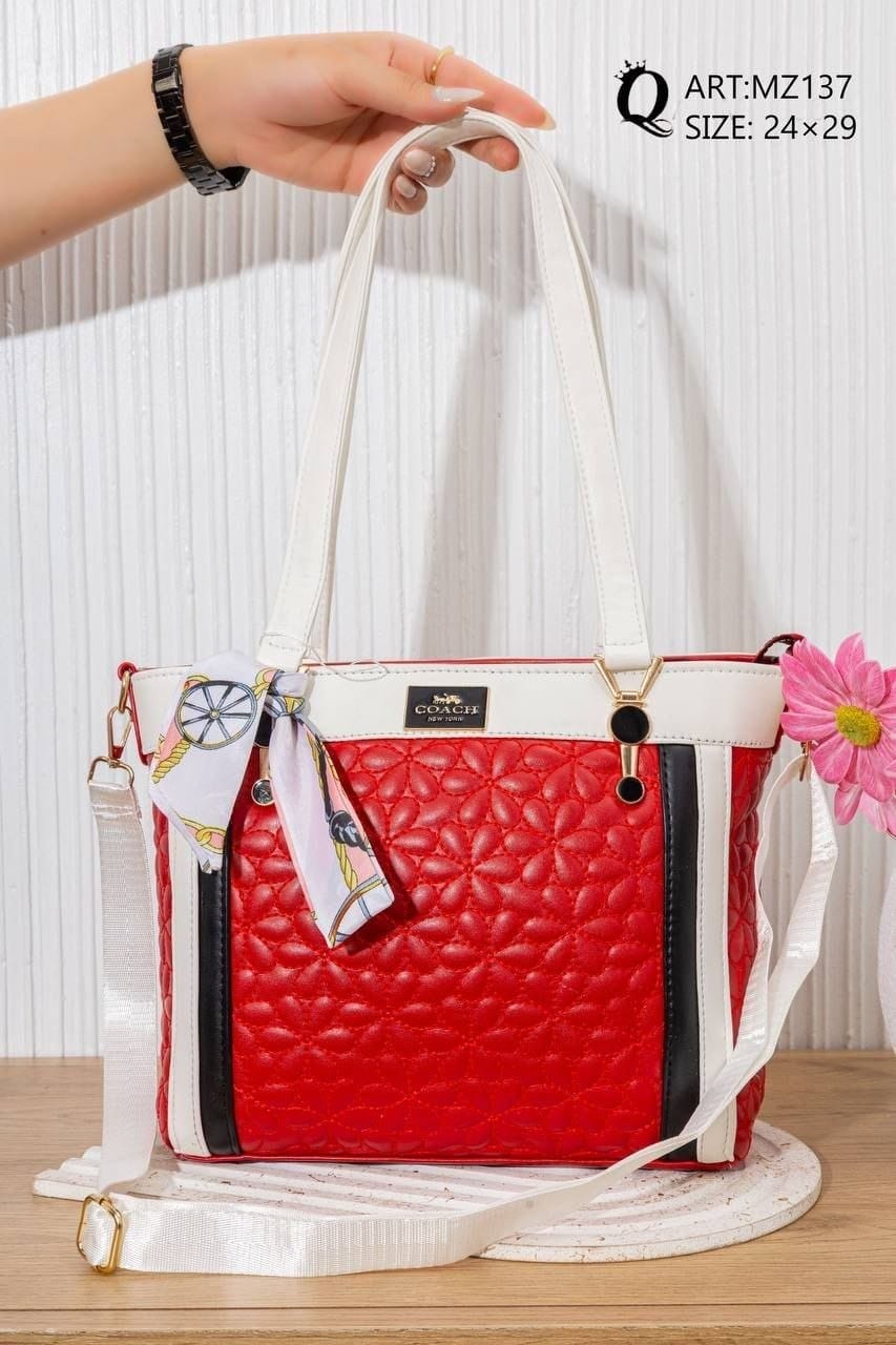MZ137 — Red and White textured shoulder tote front, 24 × 29 (Red and White)