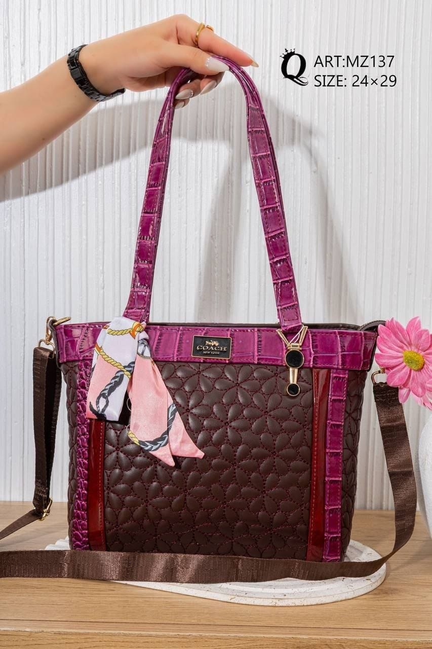 MZ137 — Brown and Purple textured shoulder tote front, 24 × 29 (Brown and Purple)