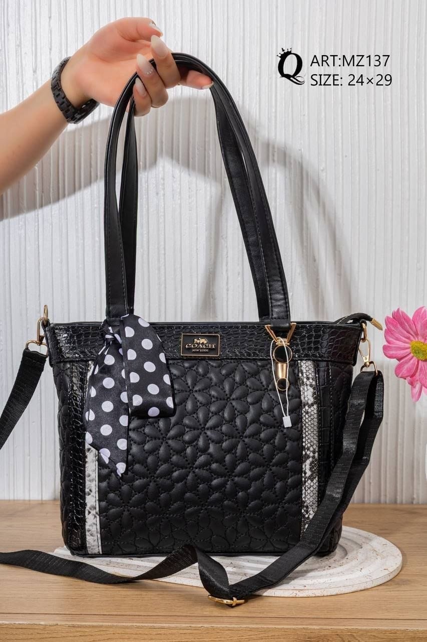 MZ137 — Black textured shoulder tote front, 24 × 29 (Black)