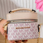N147 — Beige patterned mini box handbag front, 16 × 13 (Beige)