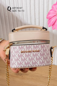 N147 — Beige patterned mini box handbag front, 16 × 13 (Beige)