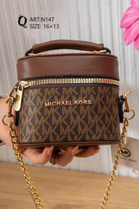 N147 — Brown patterned mini box handbag front, 16 × 13 (Brown)