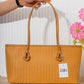 N149 — Tan woven-pattern shoulder tote front, 38 × 21 (Tan)