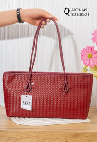 N149 — Burgundy woven-pattern shoulder tote front, 38 × 21 (Burgundy)