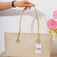 N149 — Beige Woven woven-pattern shoulder tote front, 38 × 21 (Beige Woven)