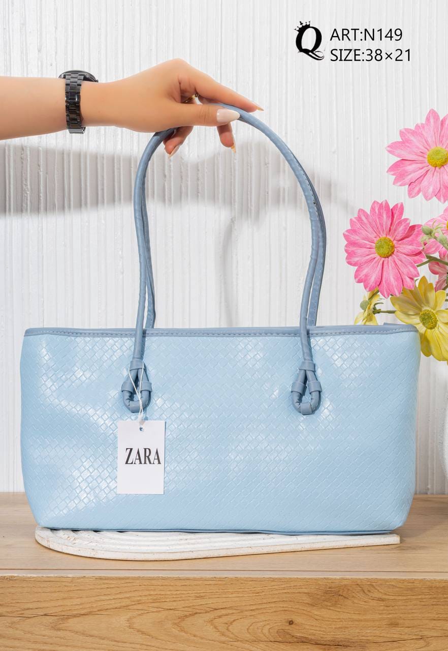N149 — Light Blue woven-pattern shoulder tote front, 38 × 21 (Light Blue)