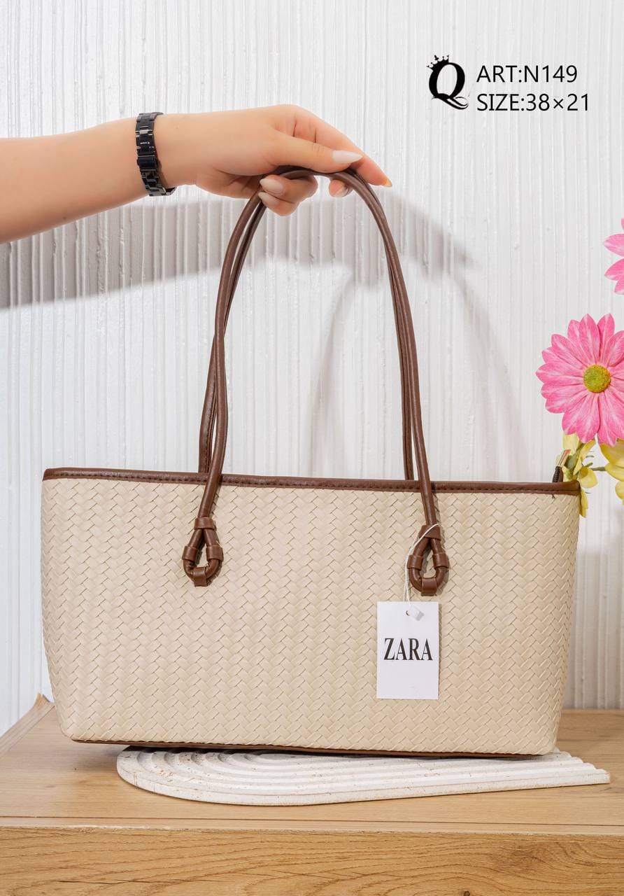 N149 — Beige Brown woven-pattern shoulder tote front, 38 × 21 (Beige Brown)